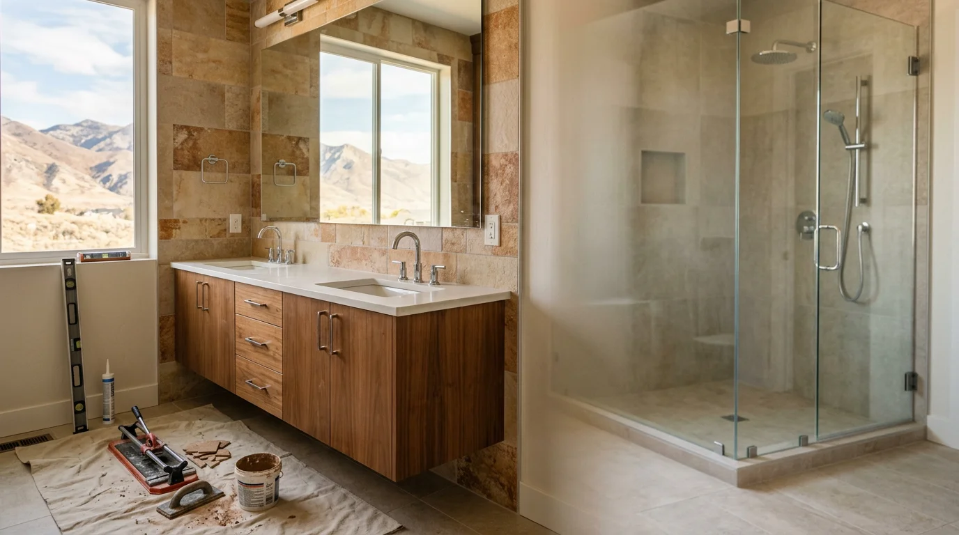 Newly renovated bathroom with updated fixtures, tile, and vanity