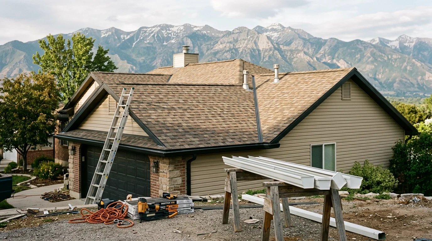Exterior view of a home with new roofing, siding, and gutters