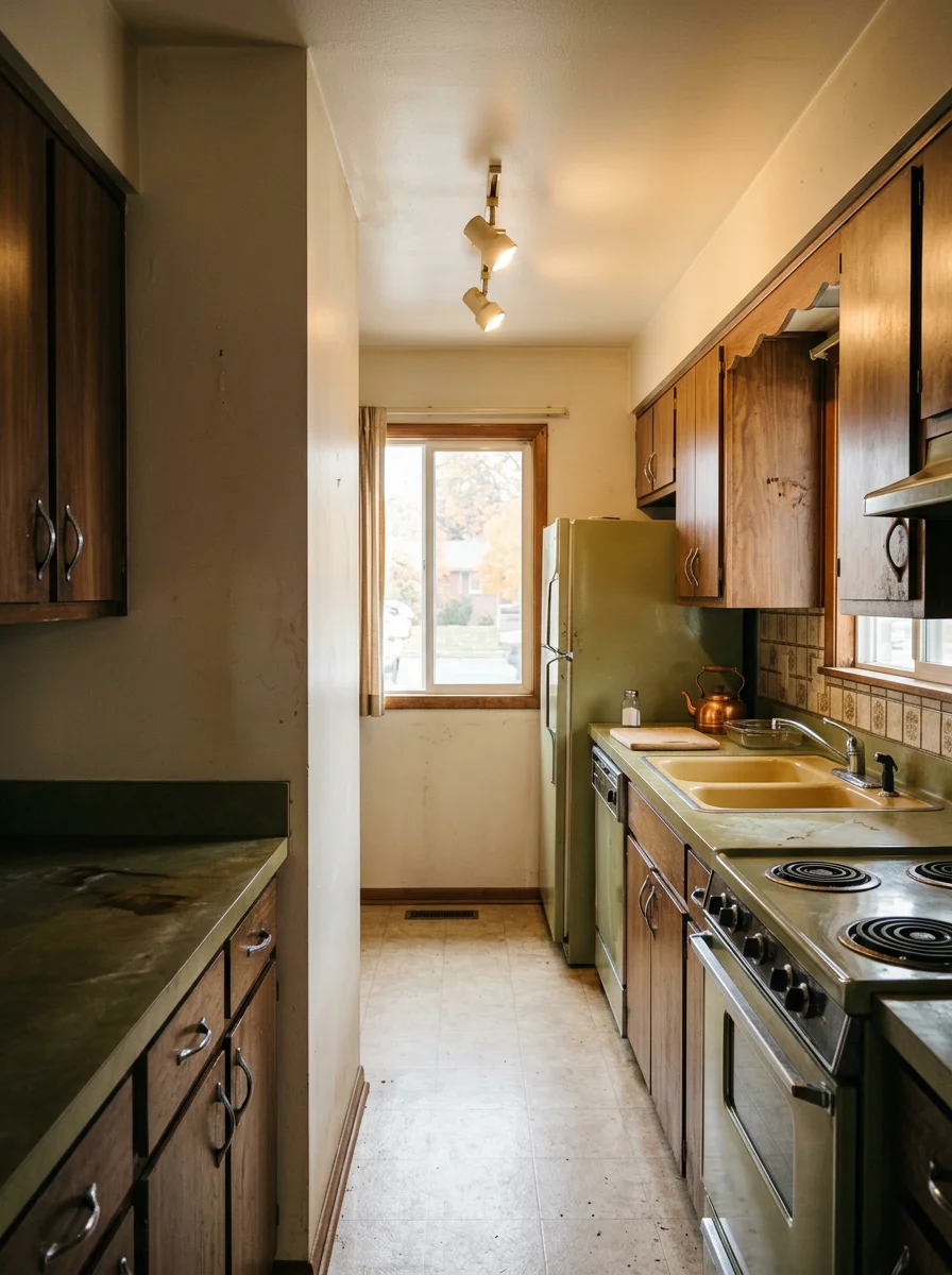 Outdated 1970s kitchen interior in a Cottonwood Heights Utah home with original laminate cabinetry, tile countertops, and closed layout before renovation.
