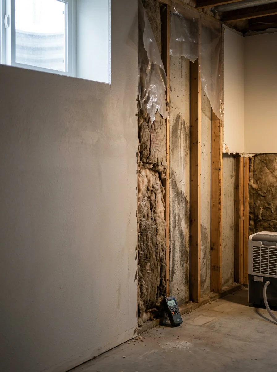 Water-damaged basement interior in a Draper foothill home, with removed drywall and wet insulation exposed after snowmelt intrusion through the foundation.