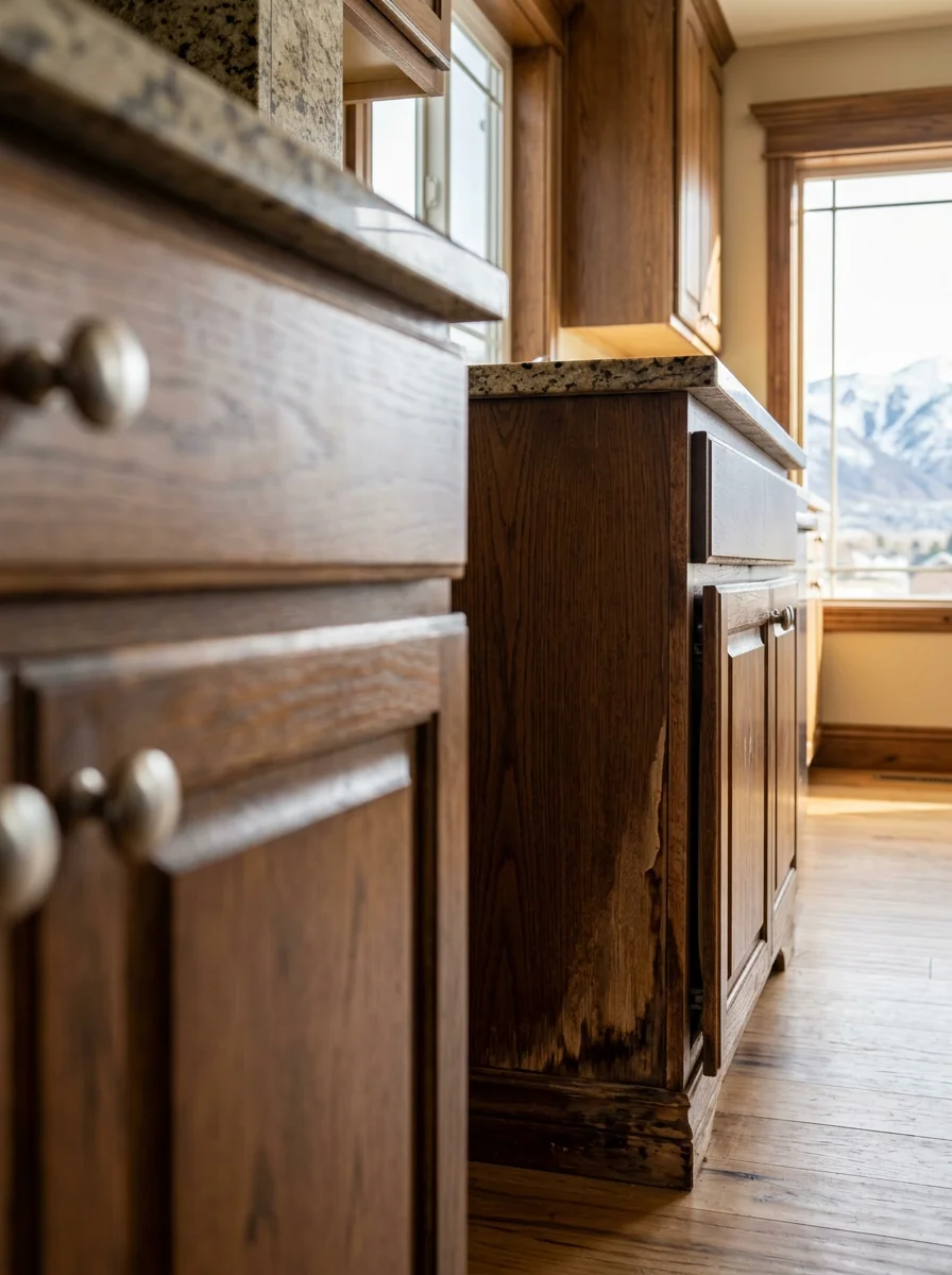 Premium custom kitchen cabinetry in a Highland Utah home showing water damage at the base from a plumbing leak, with swollen cabinet boxes and lifted finish panels.