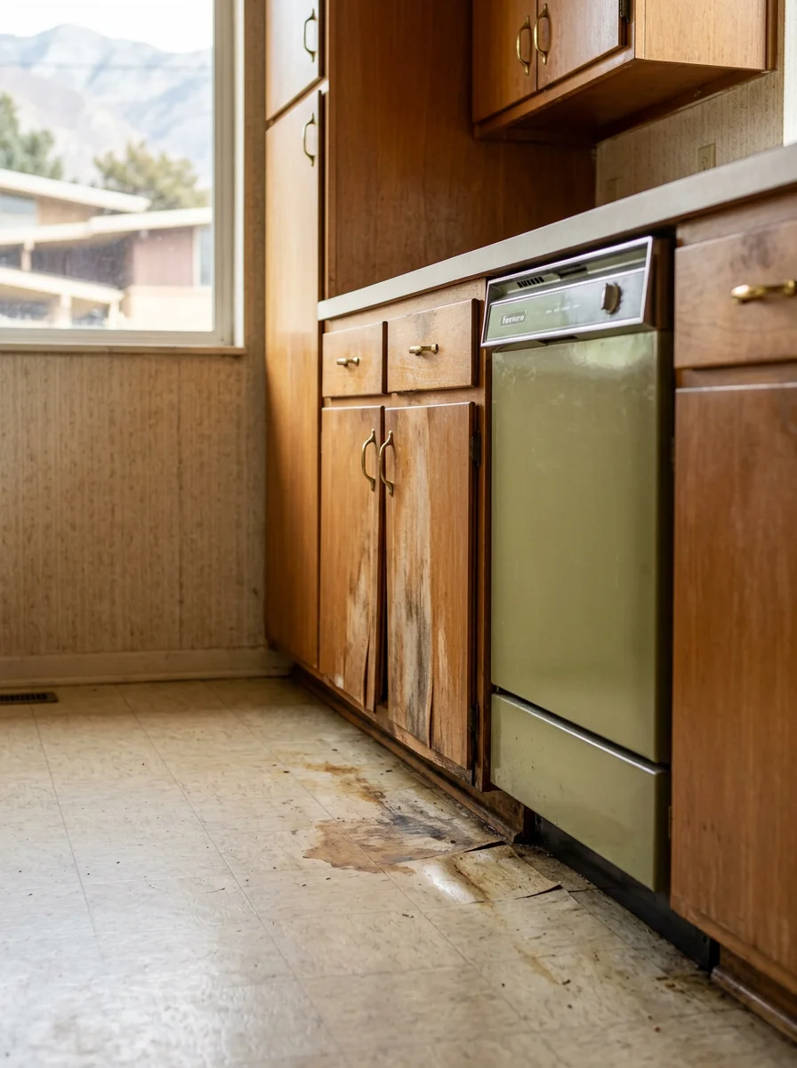 Original 1960s kitchen in a Holladay Utah home with wood cabinetry showing water damage at the base from a dishwasher leak, with swollen cabinet boxes.