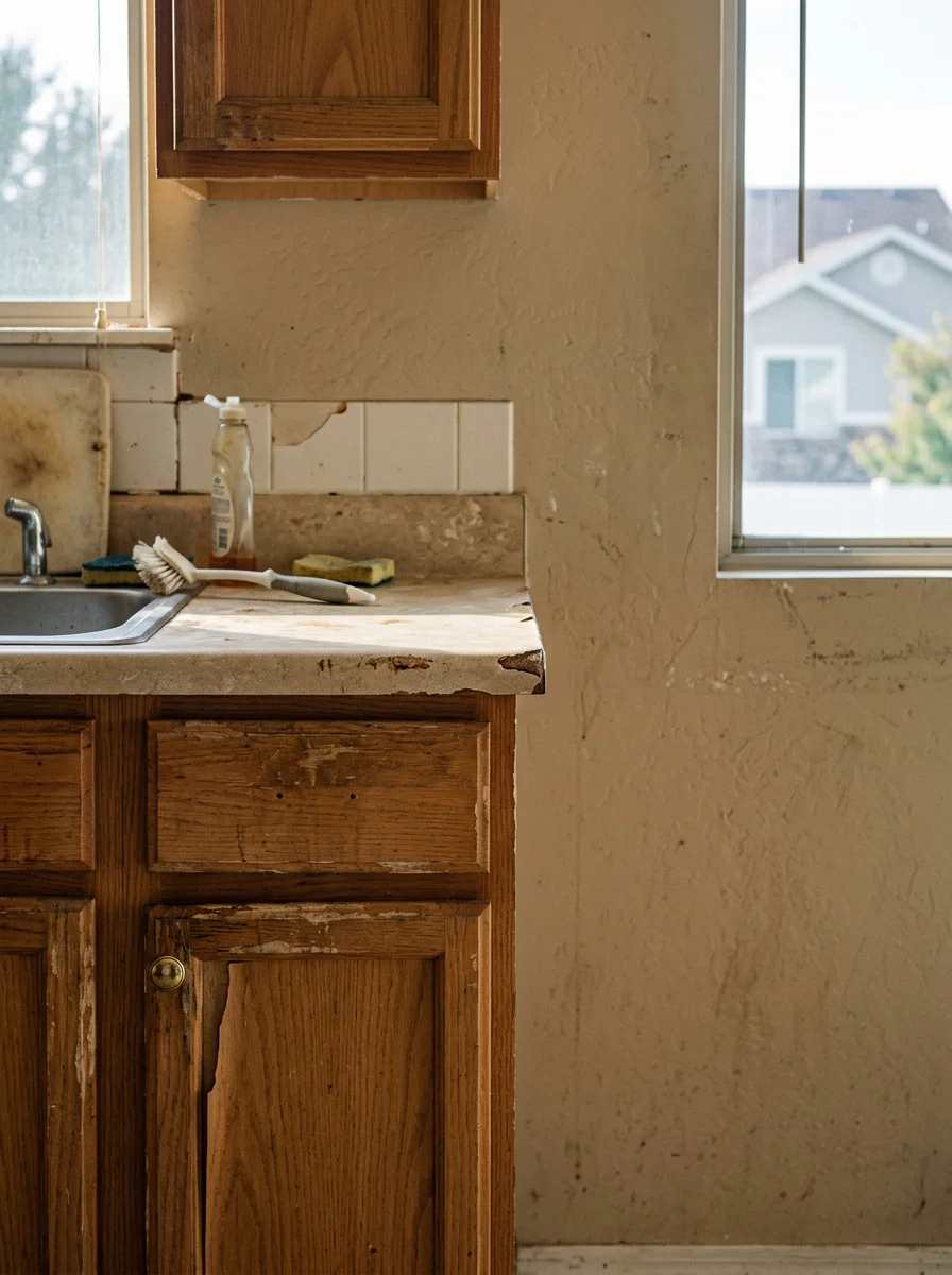 Builder-grade kitchen in a Lehi Utah home with laminate cabinetry showing delamination and wear after a decade of use, ready for full renovation.