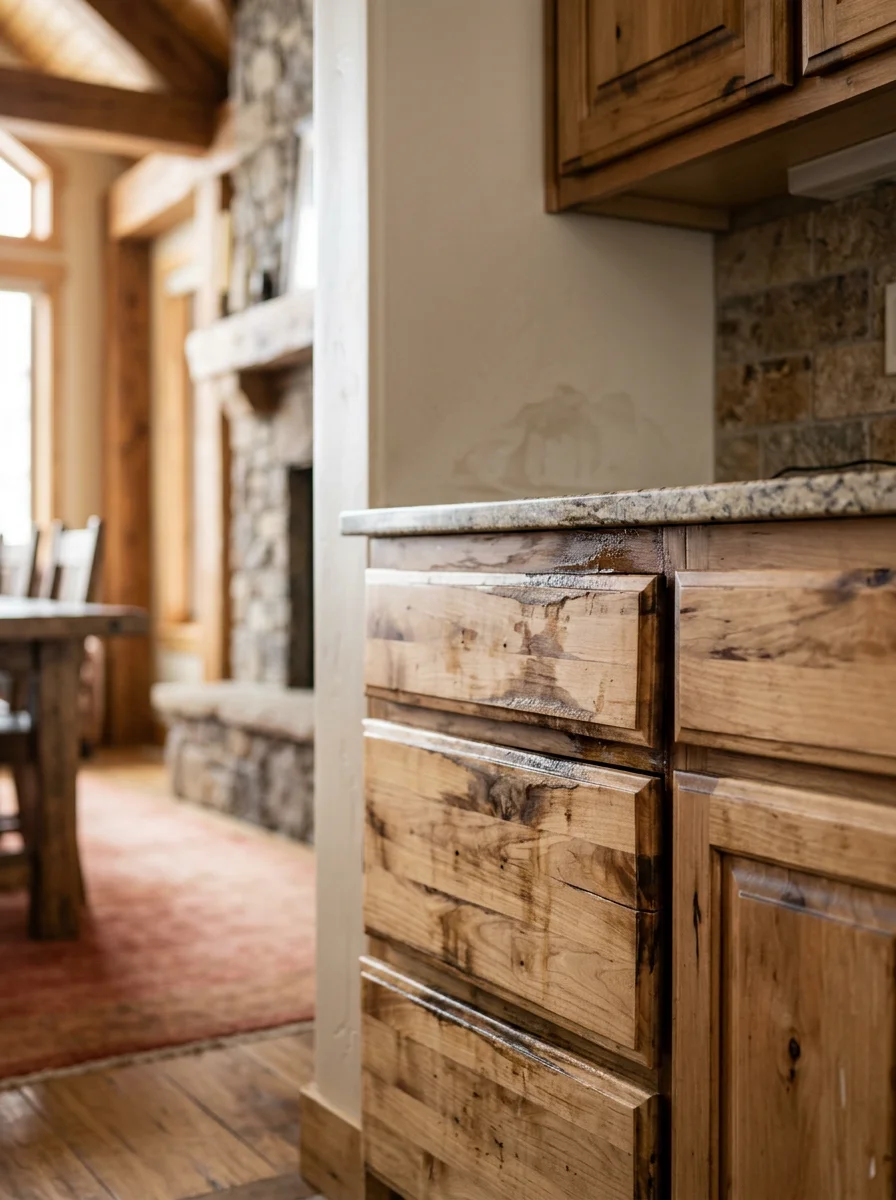 Interior water damage to wood cabinetry in a Park City vacation home caused by a roof leak during winter snowpack, with stained cabinet boxes and swollen drawer fronts.