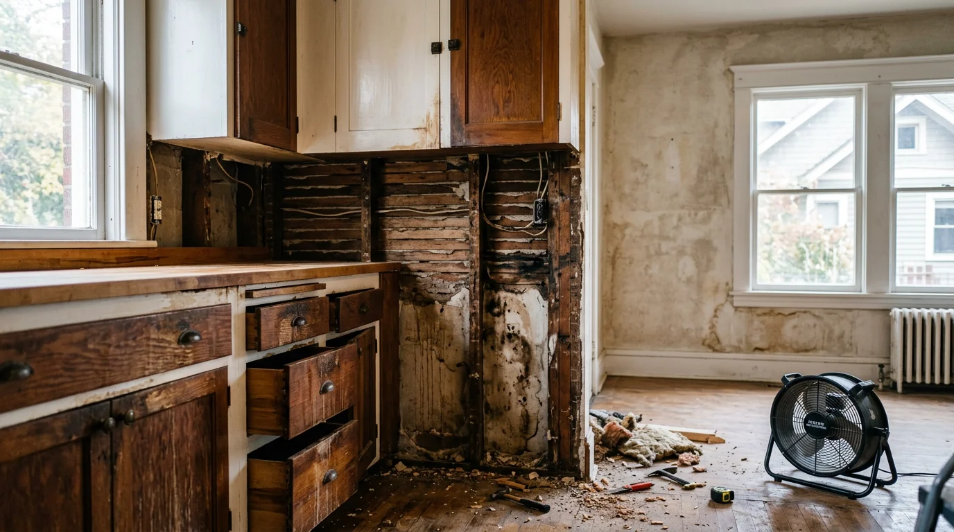 Interior of a water-damaged kitchen in a historic Salt Lake City Avenues home, with swollen wood cabinetry and removed drywall exposing original framing.