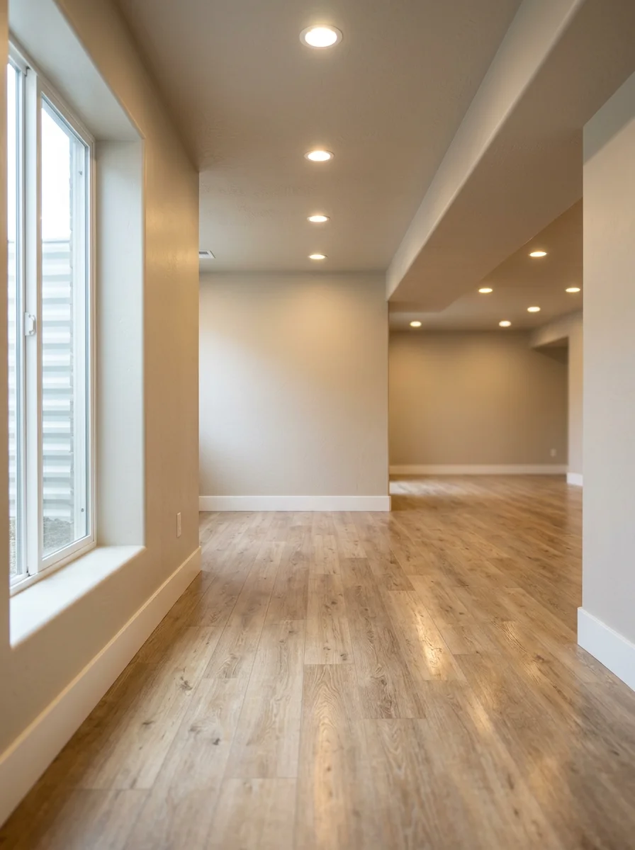 Newly finished basement in a Sandy Utah home with drywall, recessed lighting, and luxury vinyl plank flooring converted from an unfinished lower level.
