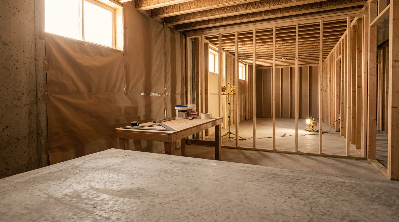 A finished basement in a Salt Lake City home showing framed walls, recessed lighting, and durable flooring ready for use as a family room. The space reflects a clean, code-compliant build suited to Utah's climate and soil conditions.