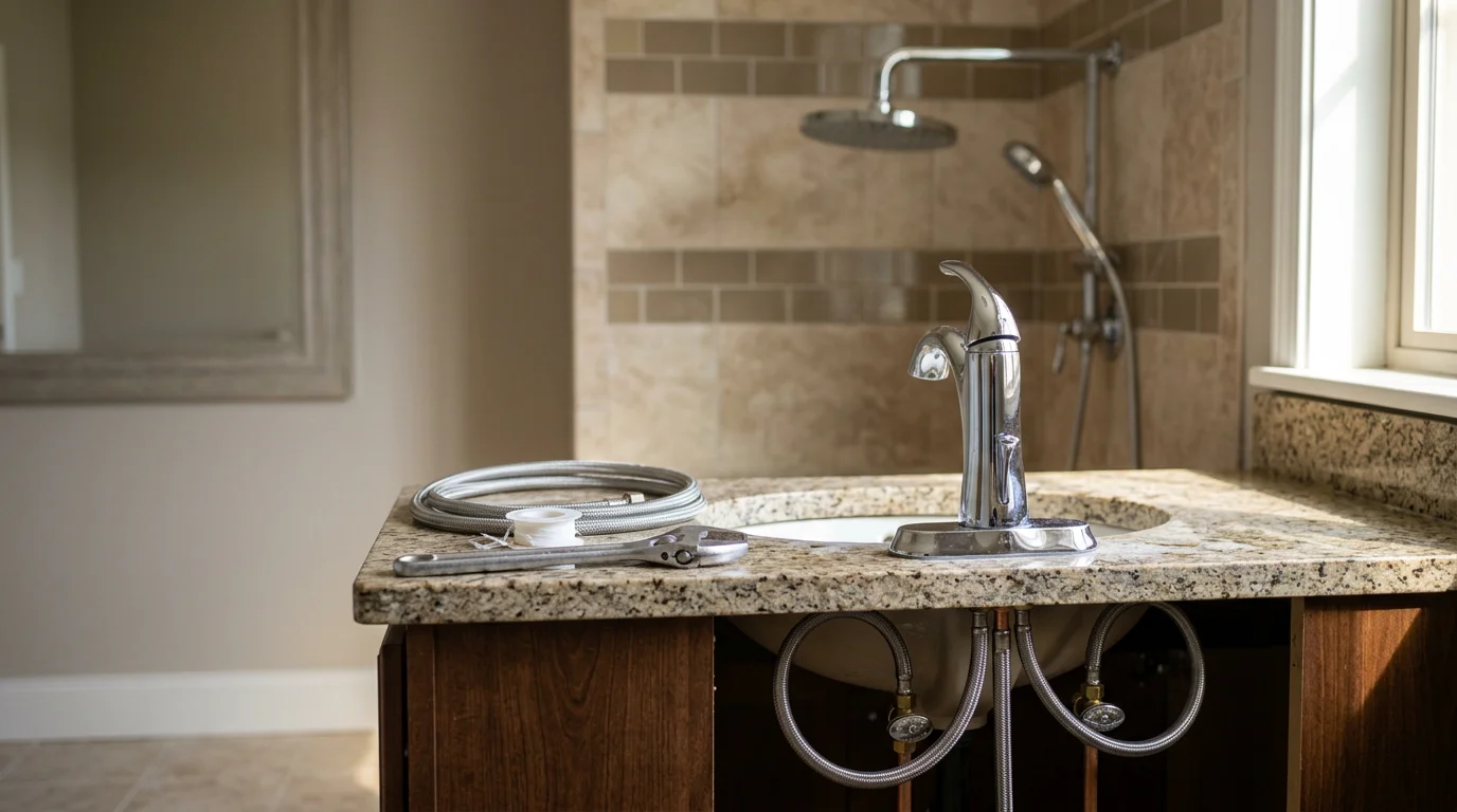 A newly installed bathroom faucet and matching fixtures in a residential bathroom in Salt Lake City, Utah. The chrome hardware is clean and properly seated against a white sink field, with no visible corrosion or wear.