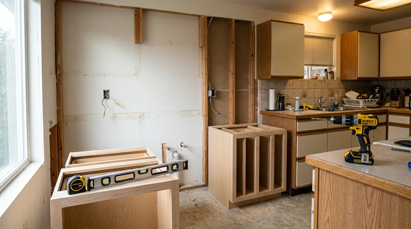 Newly installed kitchen cabinets in a Salt Lake City home, showing clean cabinet boxes, aligned doors, and updated hardware against freshly prepared walls. The kitchen reflects a full cabinet replacement completed by Kalmar Construction.