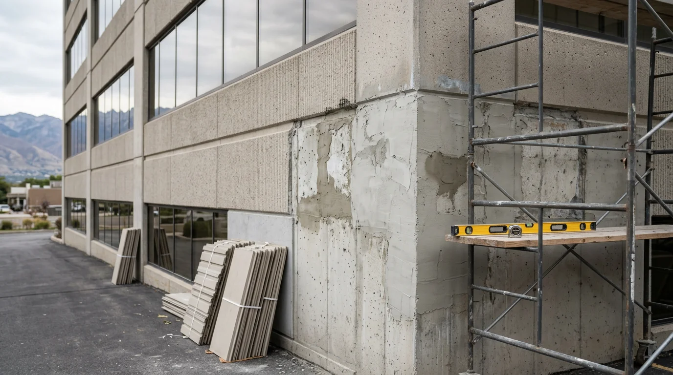 A commercial building exterior in Salt Lake City, Utah showing completed structural and surface repairs with clean, restored walls and intact framing. A general contractor reviews the finished repair work on a multi-tenant property along the Wasatch Front.