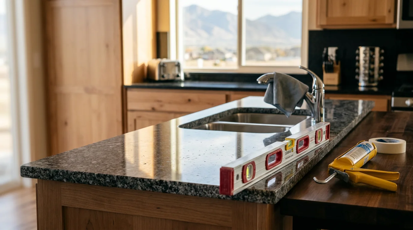Newly installed stone countertop in a Salt Lake City kitchen, showing a clean seam at the sink cutout and a flush fit against painted wood cabinets. The surface runs the full length of the kitchen wall with no visible gaps at the backsplash line.