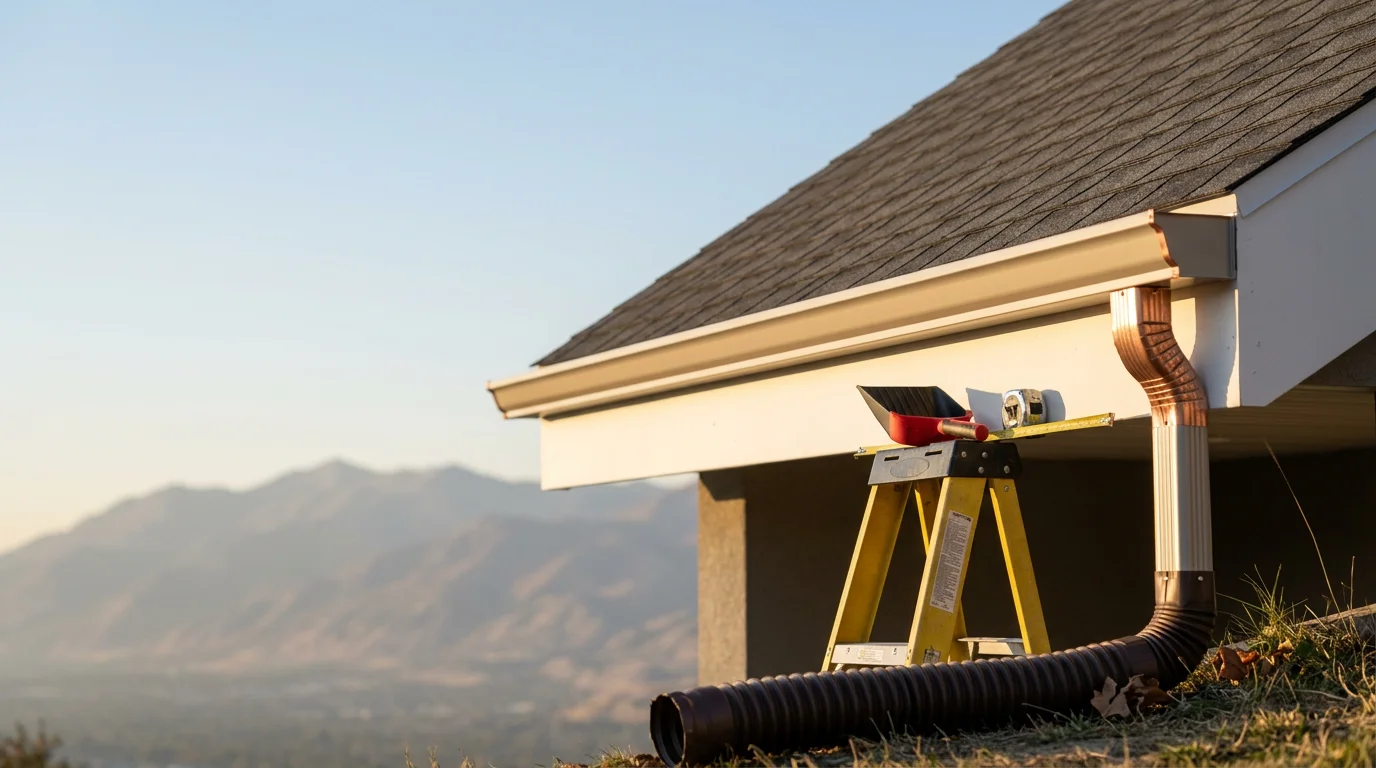 Newly installed gutters along the roofline of a residential home in Salt Lake City, Utah, with downspouts positioned to direct water away from the foundation. The system runs cleanly along the fascia against a backdrop of the Wasatch Front foothills.