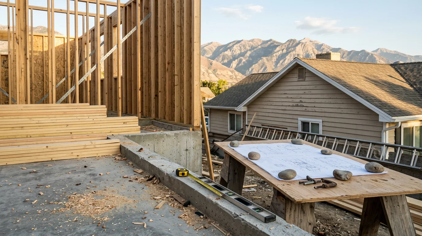 A newly completed single-story home addition on a residential property in Salt Lake City, Utah, showing matched exterior siding and a roofline that blends with the original structure. The addition extends the rear of the home and connects to the existing layout through a framed opening visible from the interior.