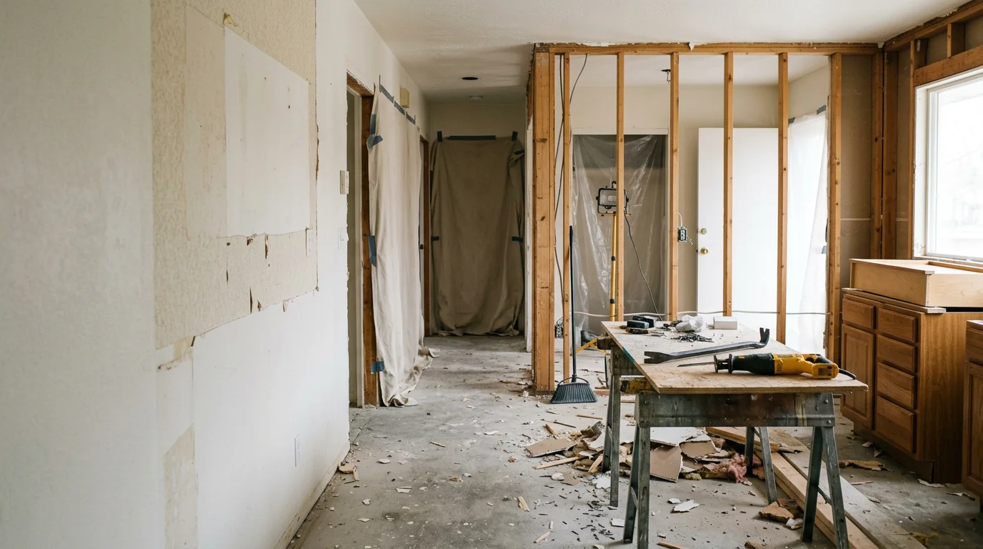 Interior demolition in progress inside a Salt Lake City home, with walls stripped to the studs and debris cleared from the floor. The space is open and ready for renovation work to begin.