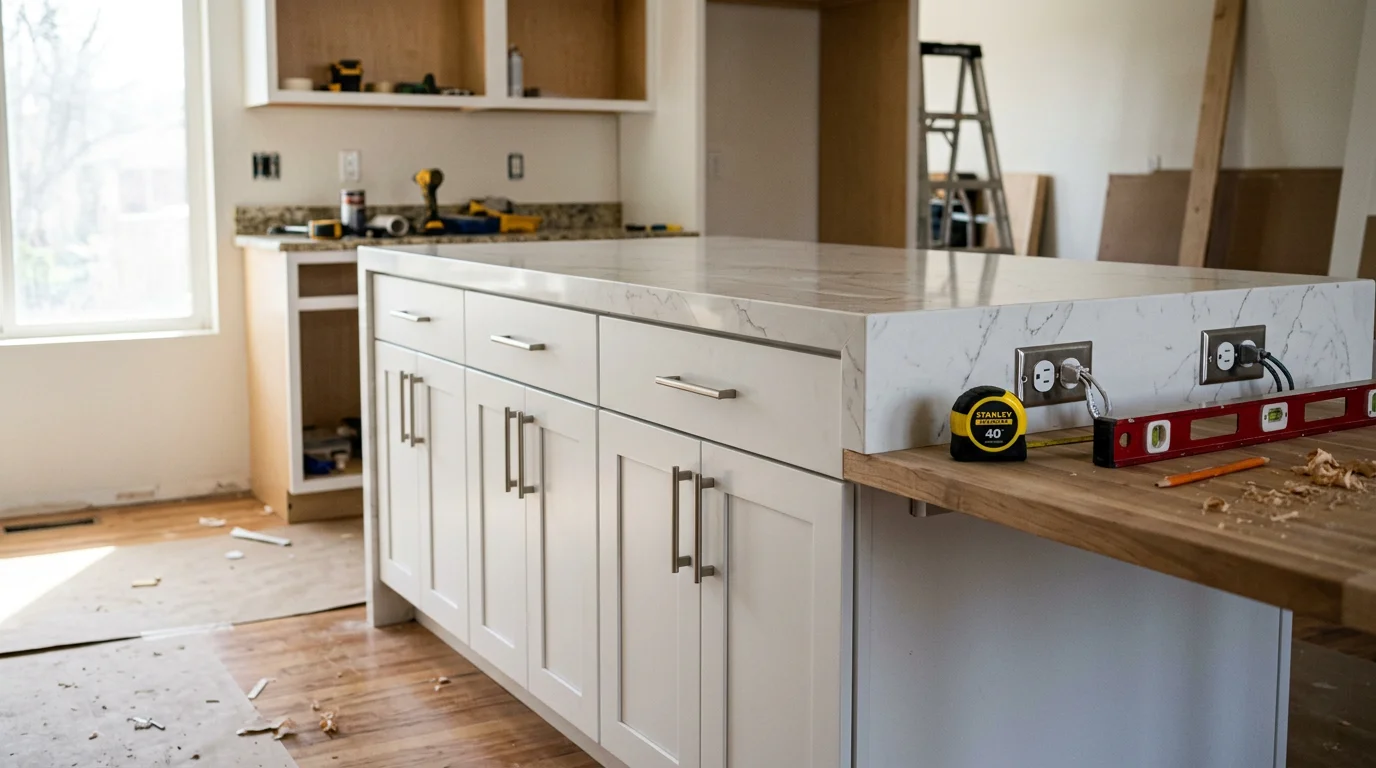 A newly installed kitchen island with seating and lower cabinet storage in a Salt Lake City home, showing a clean countertop surface and open floor plan layout. The island sits centered in a remodeled kitchen with clear walkway clearance on all sides.