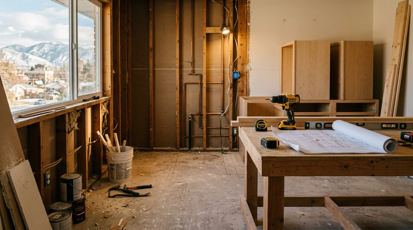 A fully remodeled kitchen in a Salt Lake City home featuring an open layout, updated cabinetry, and new flooring. The space reflects a structural renovation that replaced a closed-off original design common in older Wasatch Front homes.