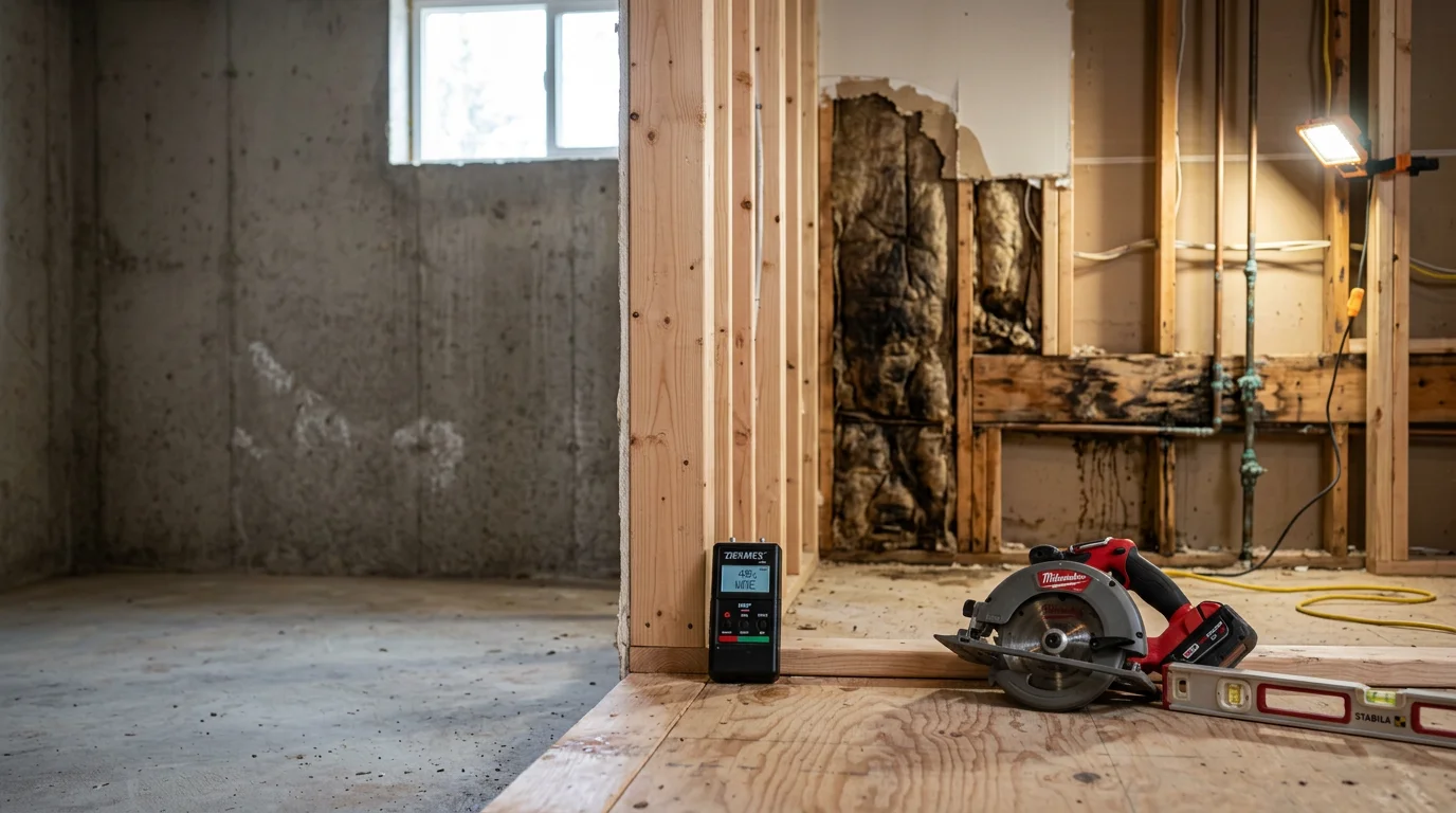 A reconstructed interior room in a Salt Lake City home showing new drywall, fresh flooring, and finished walls after post-flood repairs. A general contractor inspects the completed space as part of a final walkthrough.