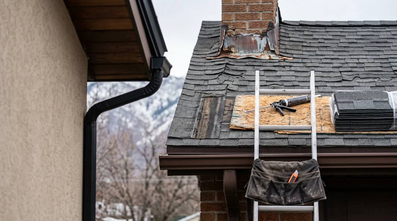 A residential roof in Salt Lake City, Utah showing completed shingle and flashing repair work on a pitched roofline with the Wasatch Mountains visible in the background. Close-up view of repaired roof sections with uniform shingle alignment and sealed flashing around a chimney.