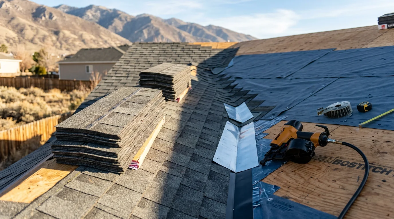 Completed roof replacement on a residential home in Salt Lake City, Utah, showing new roofing materials installed across the full slope with clean ridge and flashing details. The Wasatch Mountains are visible in the background against a clear sky.
