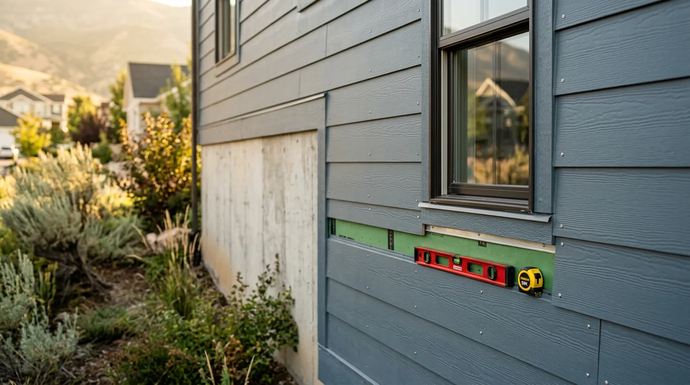 Freshly installed exterior siding on a two-story home in Salt Lake City, Utah, with clean trim lines and a finished wall system visible along the front and side elevations. The surrounding Wasatch Front foothills are visible in the background.