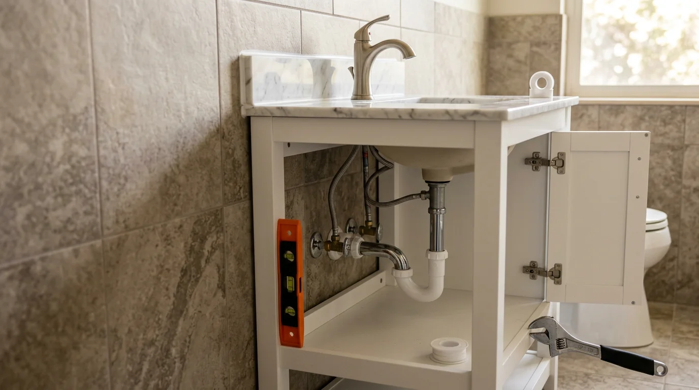 A newly installed bathroom vanity with a clean countertop and concealed plumbing in a Salt Lake City home. The cabinet sits level against a painted wall with supply lines and drain fully enclosed beneath the sink basin.