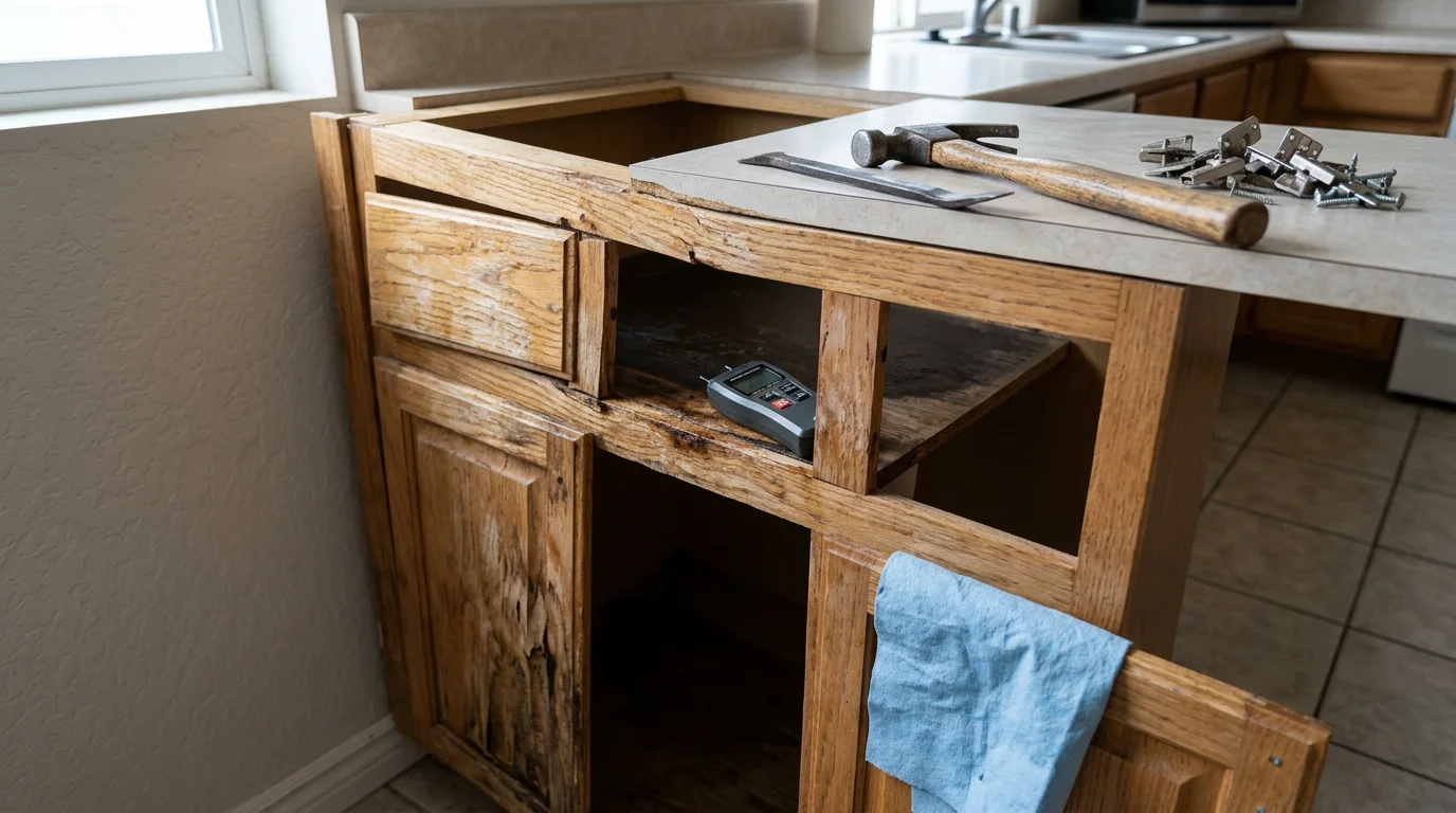Close-up of a kitchen base cabinet in a Salt Lake City home showing repaired wood panels and restored finish after water damage from a dishwasher leak. The cabinet door and frame are structurally sound with no visible swelling or staining.