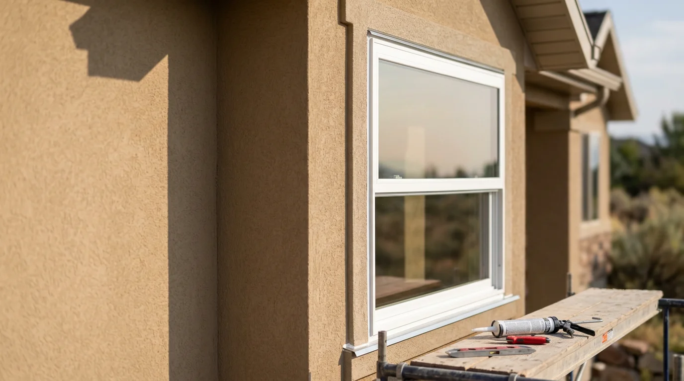 Freshly installed replacement windows on a single-family home in Salt Lake City, Utah, with clean trim work and sealed frames visible against a brick exterior. The image shows the completed exterior view with the Wasatch Mountains in the background.